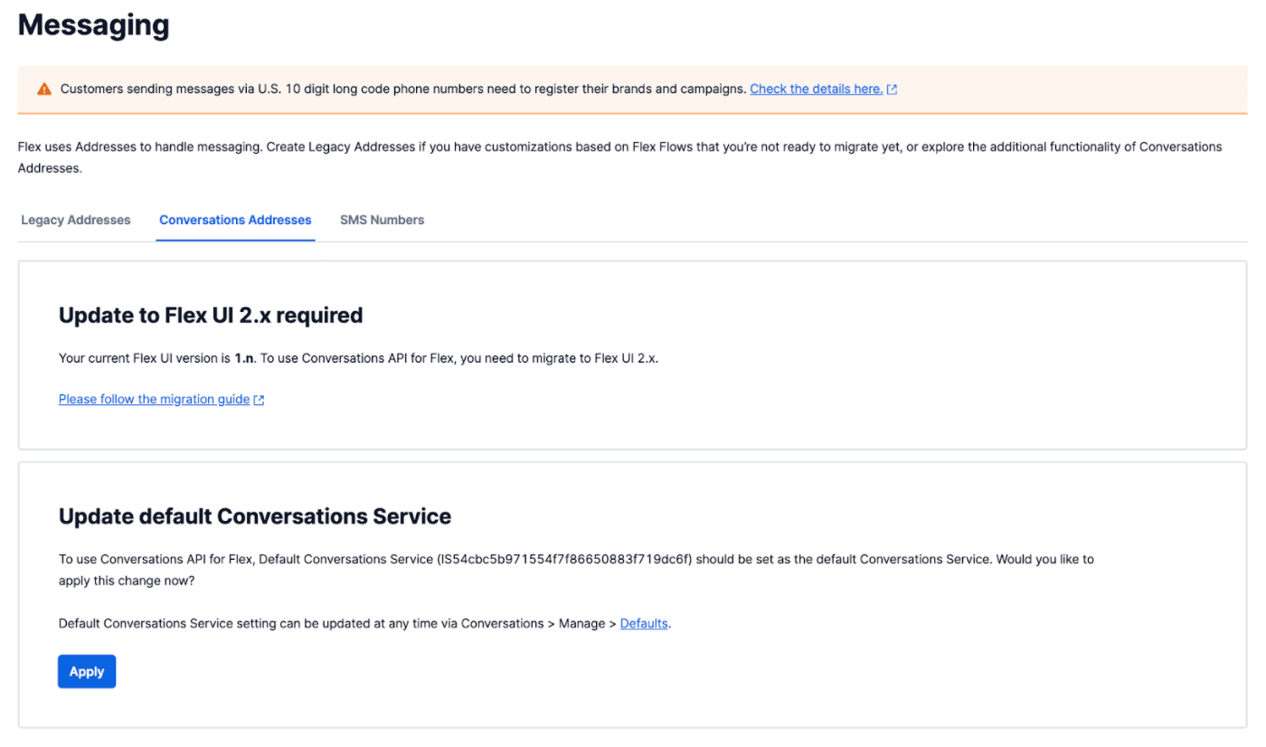 Messaging setup with update prompts for Flex UI 2.x and default Conversations Service.