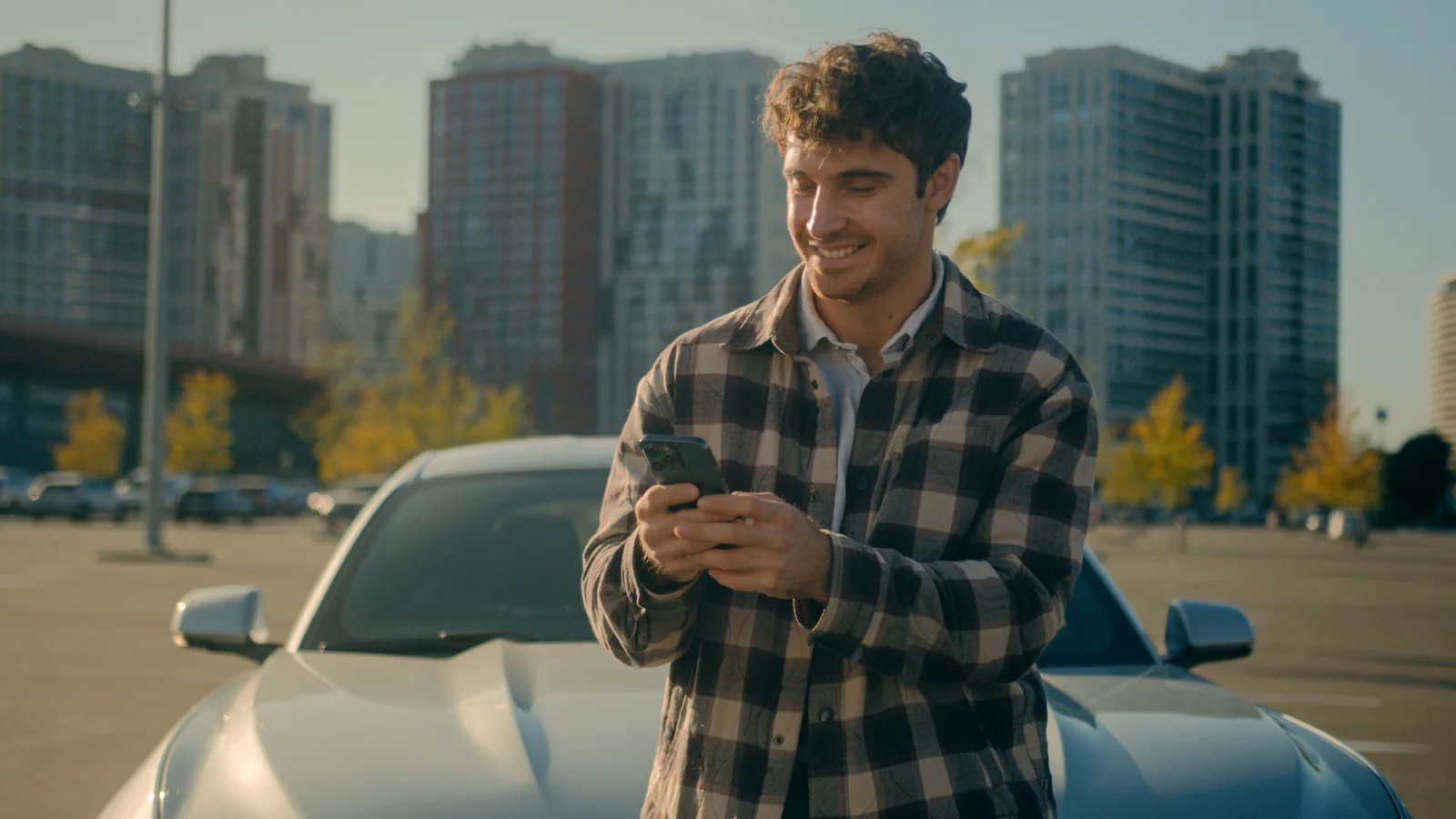 thumbnail-trend-3.png Smiling man Caucasian businessman blogger texting messages mobile phone addicted internet social media chatting smartphone outdoors happy joyful male guy tourist driver travel car automobile in city. High quality 4k footage