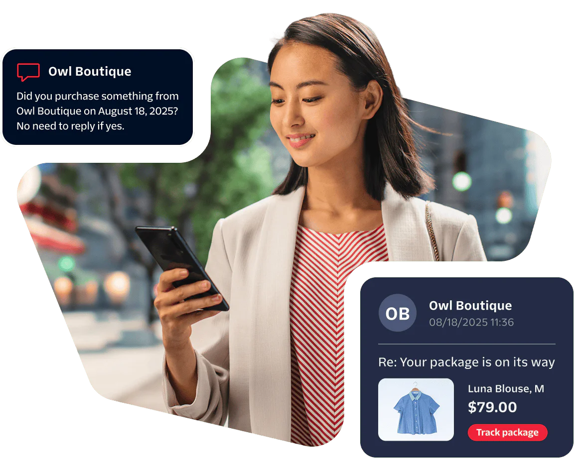 Woman receiving package notification on her phone Woman smiling at her phone with shopping notifications and package tracking details