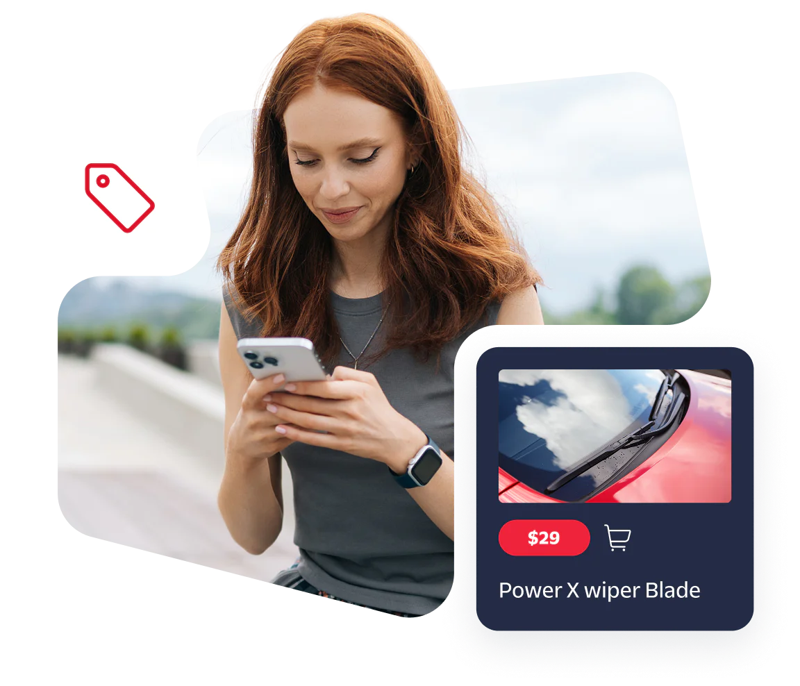 Woman Using Smartphone With Online Shopping App Interface Woman looking at a smartphone with an online shopping app showing a wiper blade product