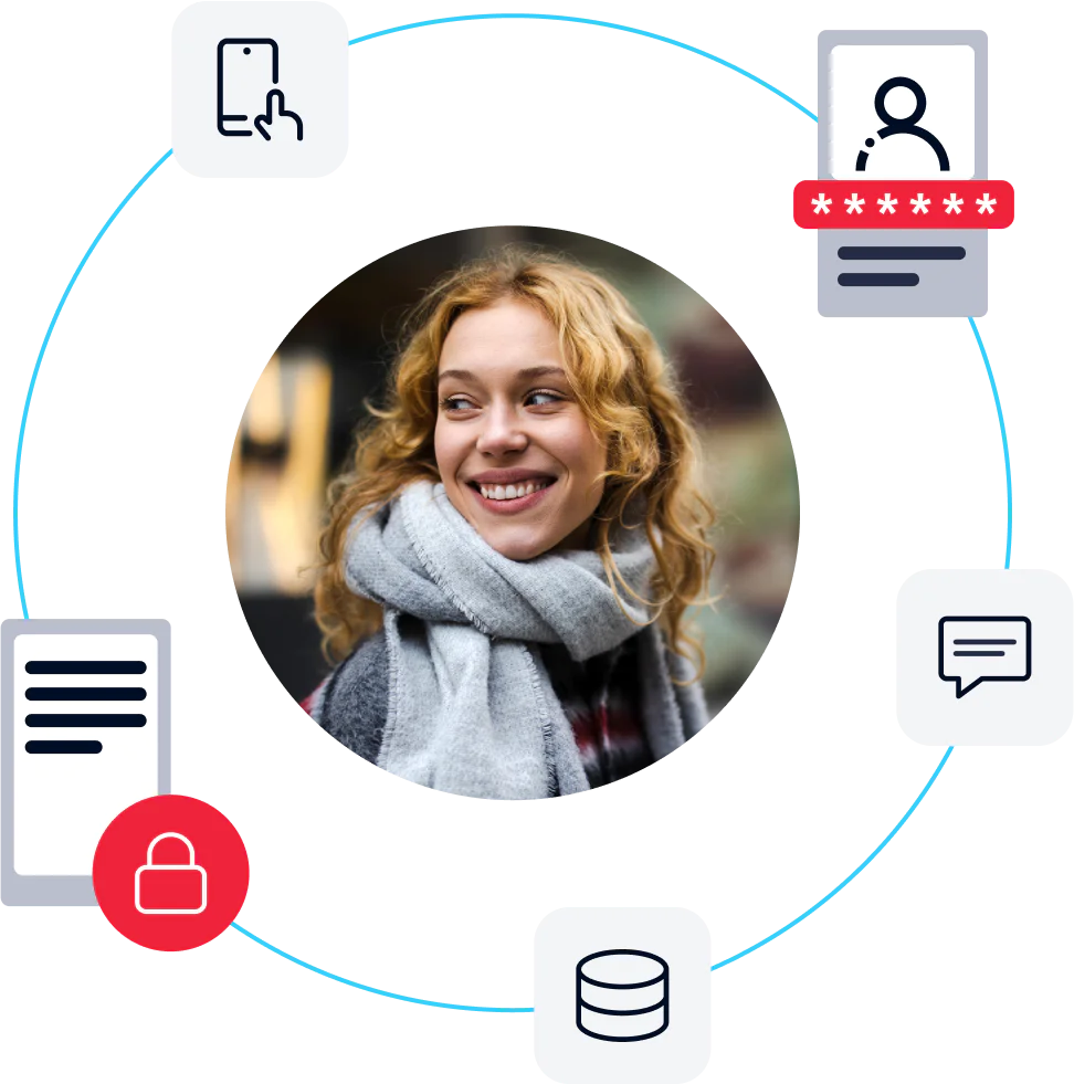 Woman surrounded by icons representing technology and security Smiling woman in a scarf encircled by various tech and security icons.