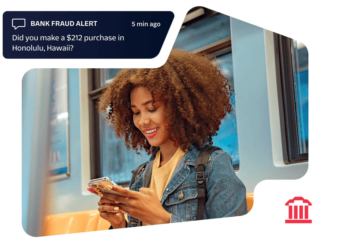 UI showing secure, compliant banking alerts across WhatsApp, chat, phone calls, or email Smiling couple looking at phone with various communication icons overlayed.
