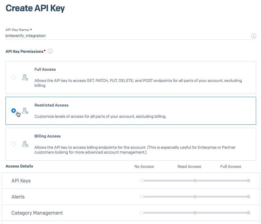 Create API Key Restricted Access button.