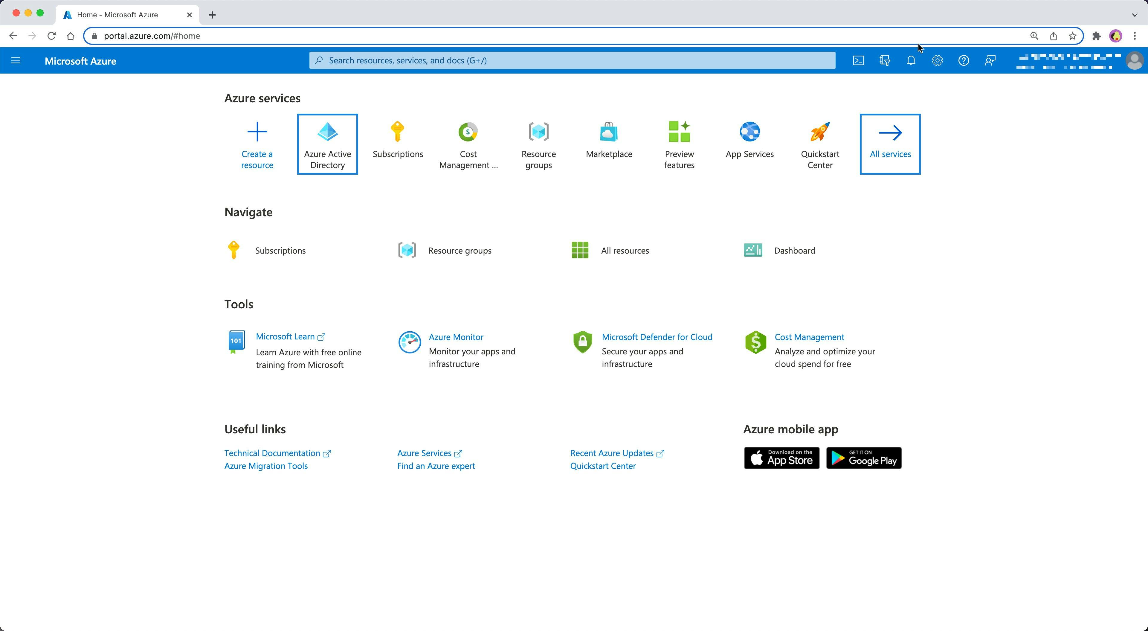 Azure AD Portal home page.