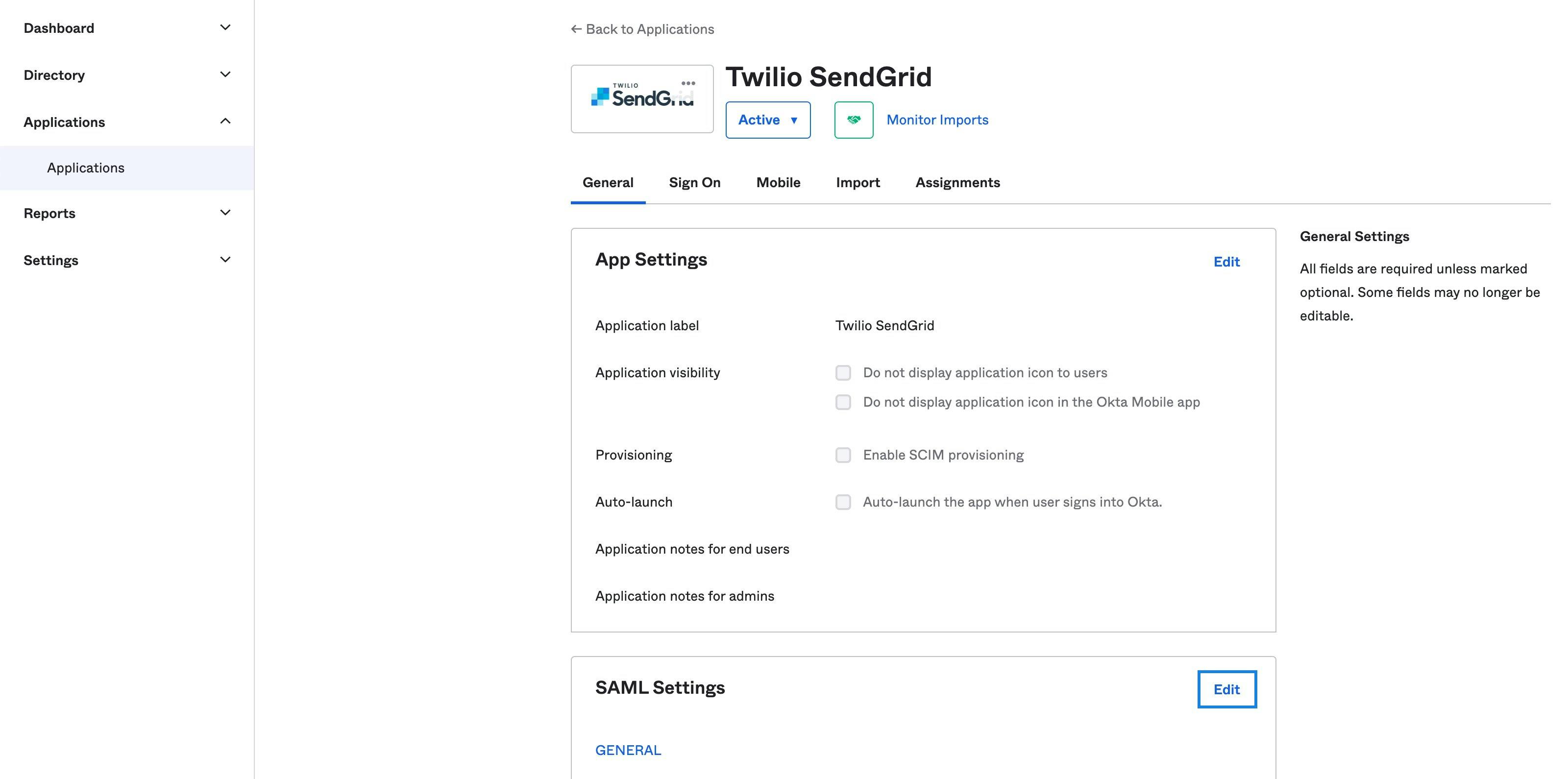 The Okta settings page for a manually integrated Twilio SendGrid integration.