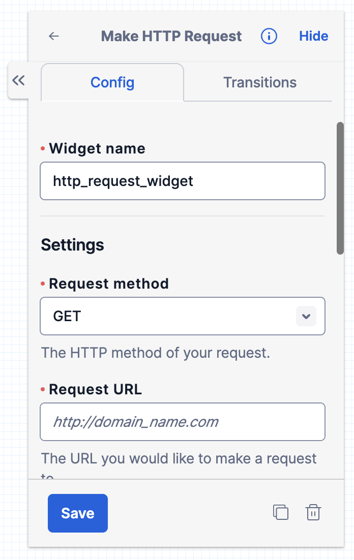 Required configuration for Make HTTP request widget. We see the named widget ('http_request_widget'), then a dropdown under Request Method with the default 'Get' selected. Under that, the form has a field for Request URL.