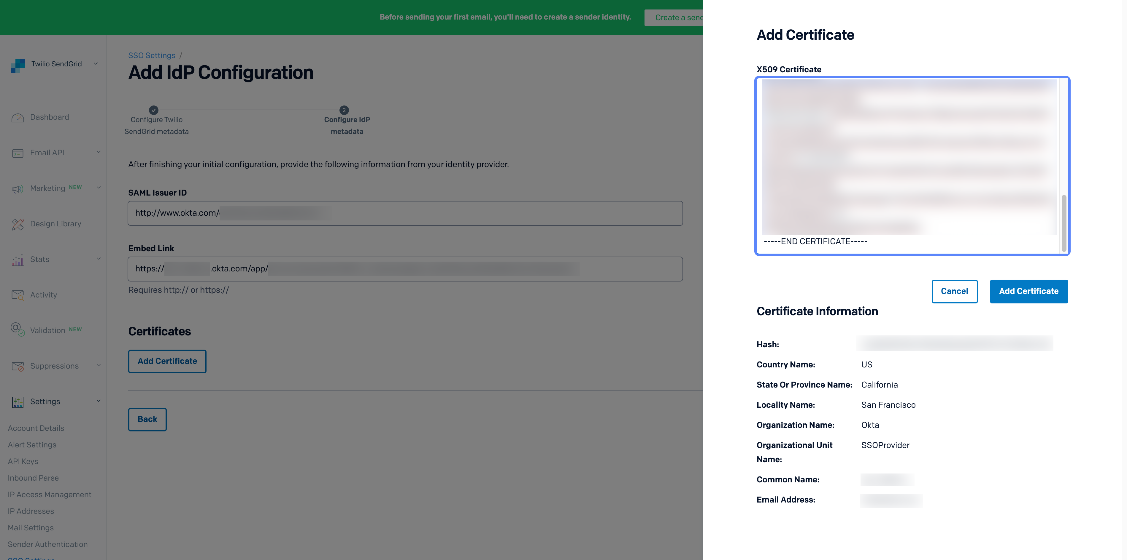 Add an X509 certificate to a Twilio SendGrid SSO integration.