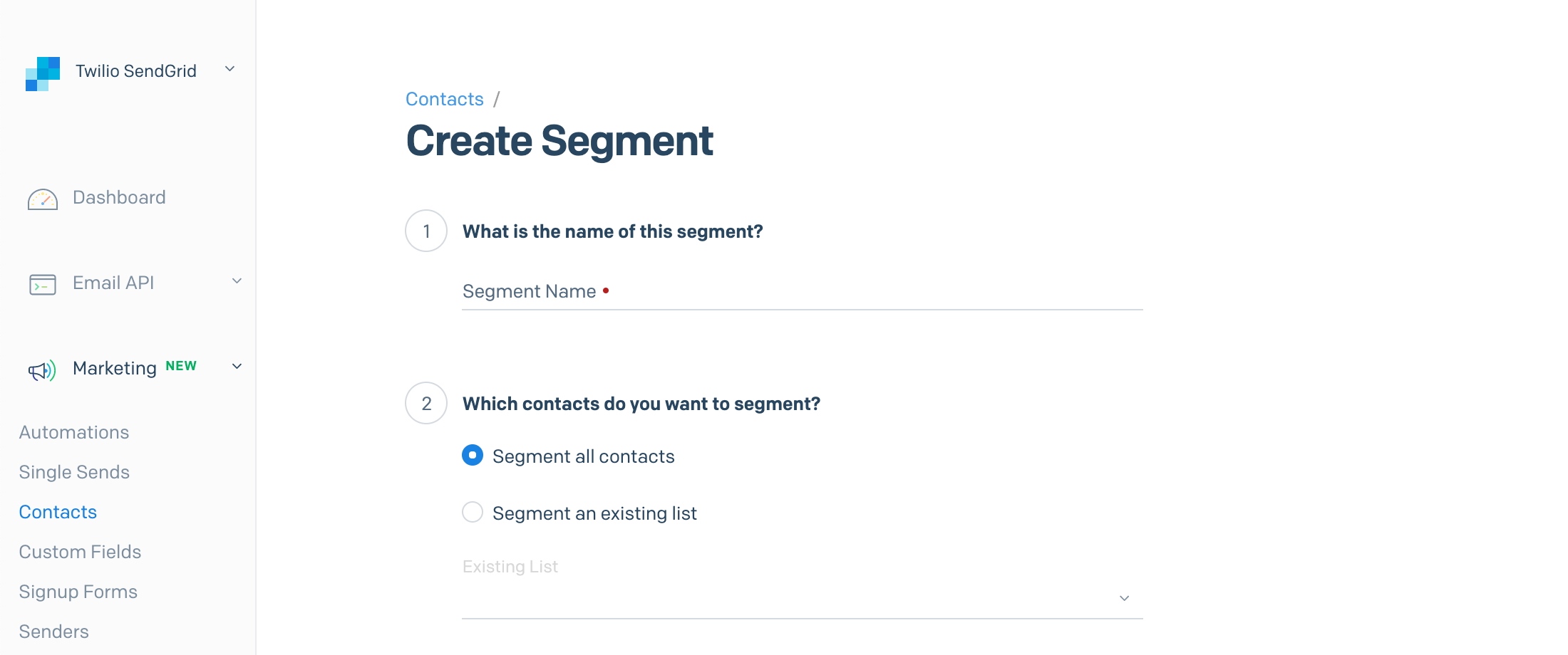 The contacts menu inside the SendGrid App, displaying the segment name field and list from which the segment should be built.