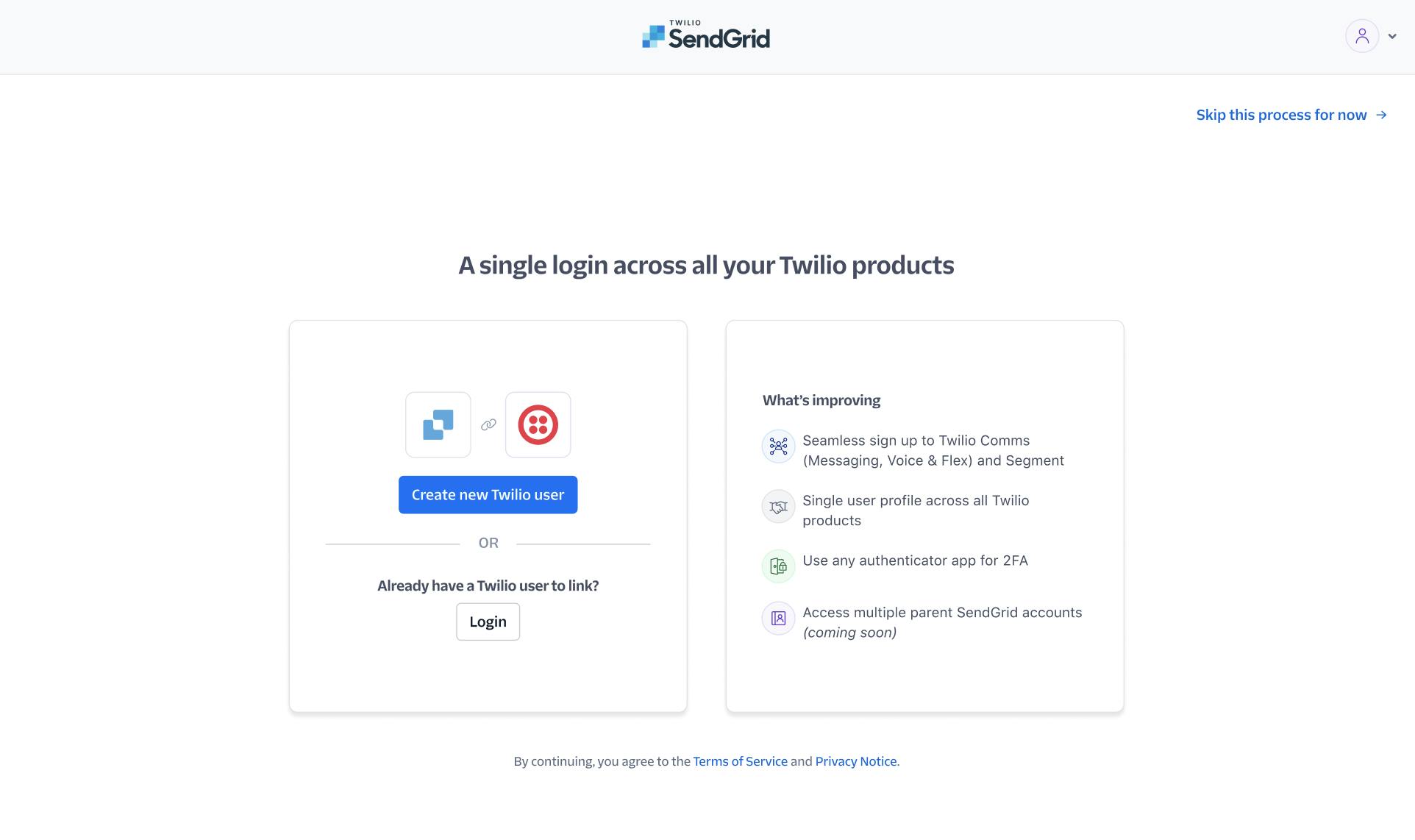 User Linking screen that prompts user to log in to Twilio or create a new Twilio user.
