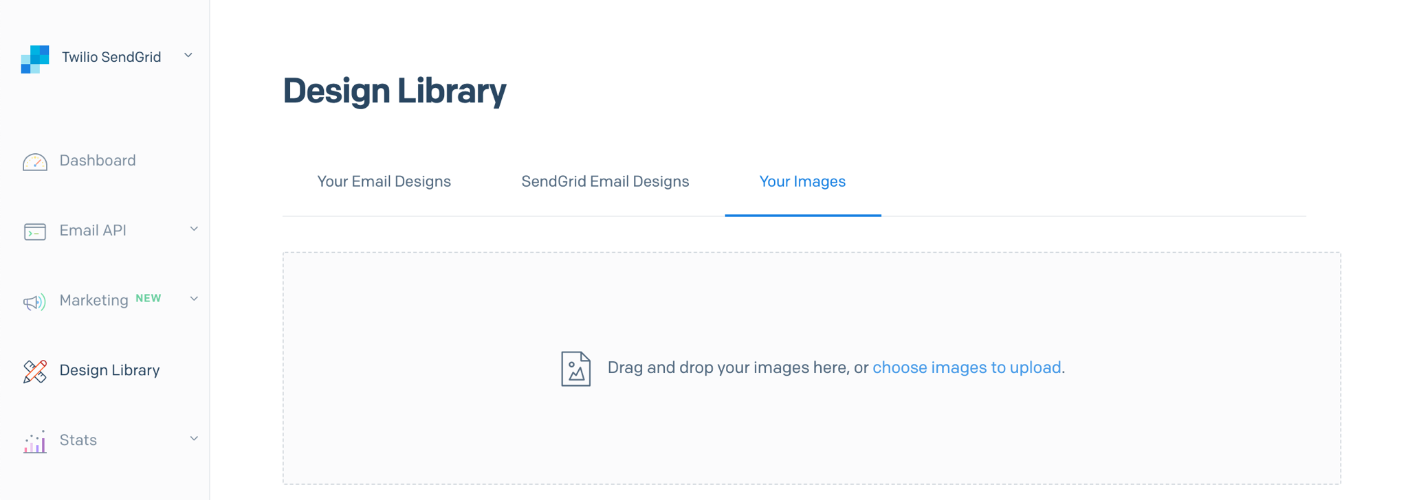 The Image Library landing page in the SendGrid App. Here you can upload new images or select existing images to edit.