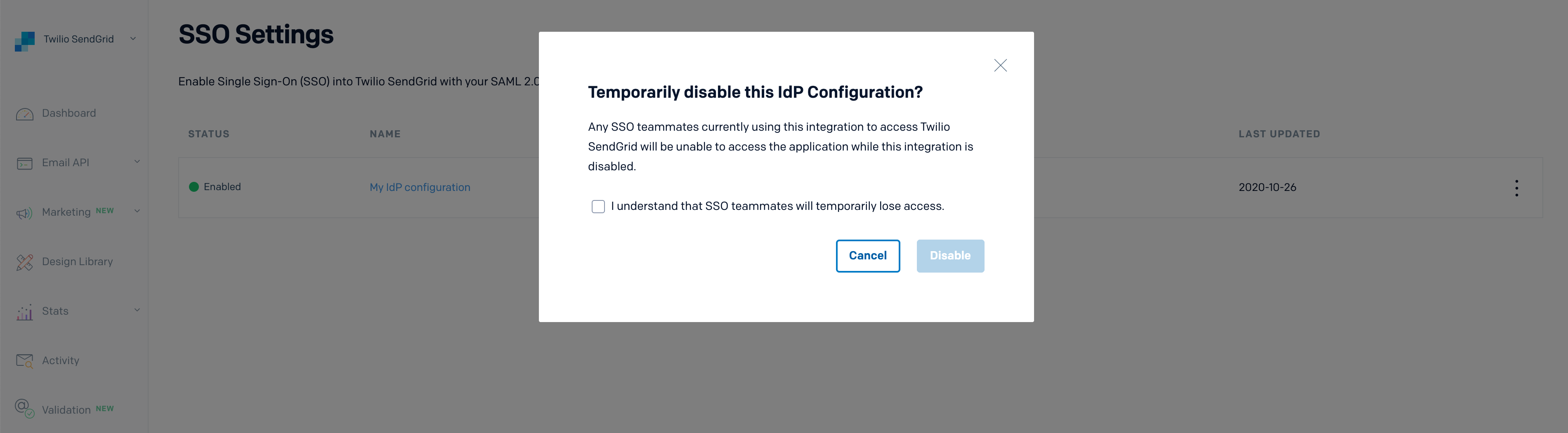 Temporarily disable a Twilio SendGrid IdP configuration.