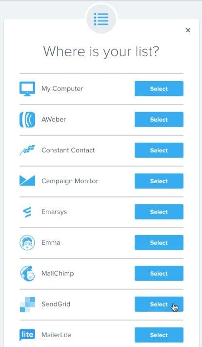 Verify choose Sendgrid button on list.