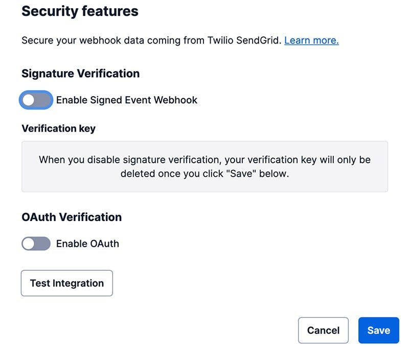 Disable and Delete Event Webhook Signature Verification.