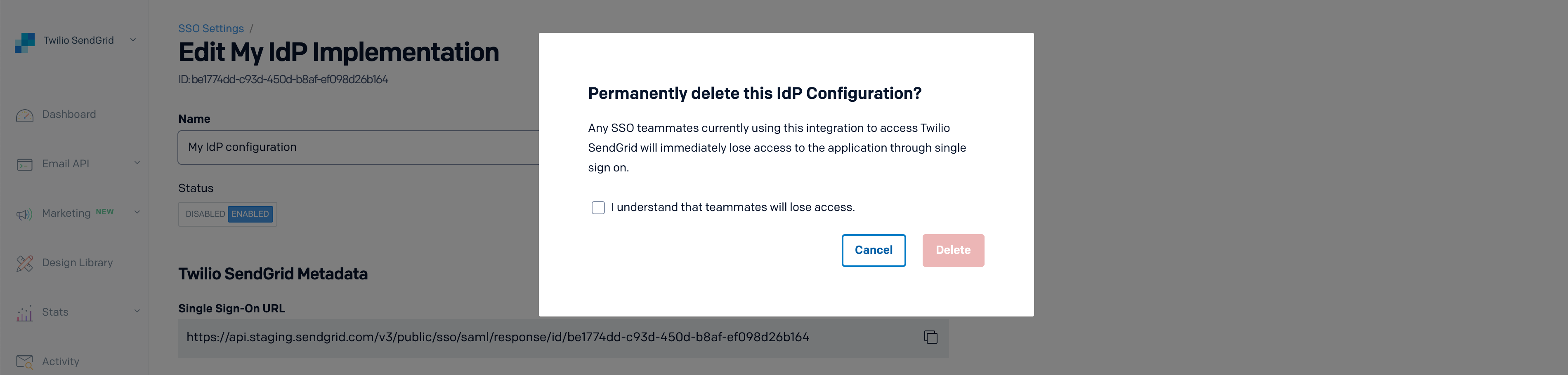Permanently delete a Twilio SendGrid IdP configuration.