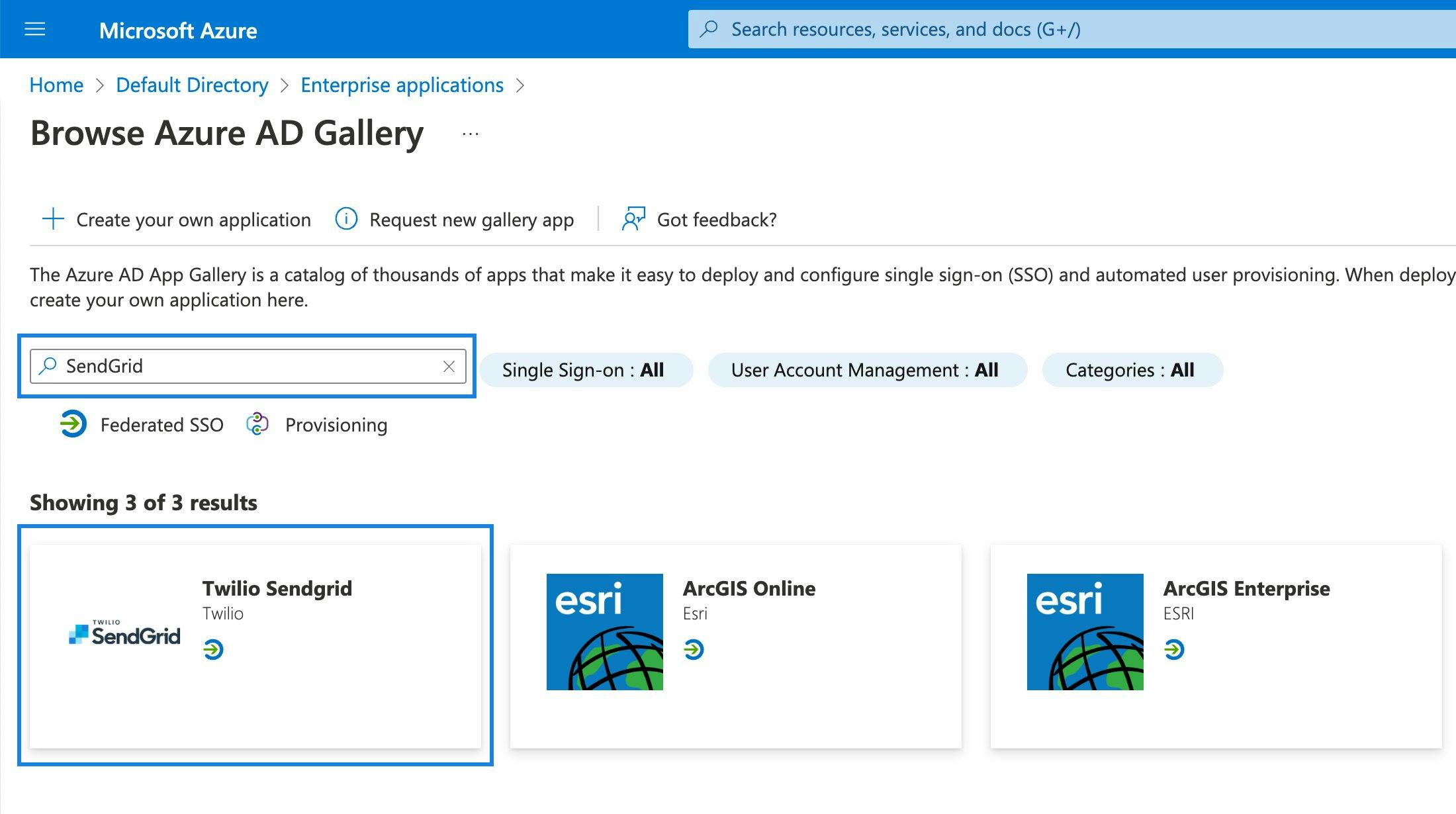 Search and select Twilio SendGrid in the Azure AD Gallery.
