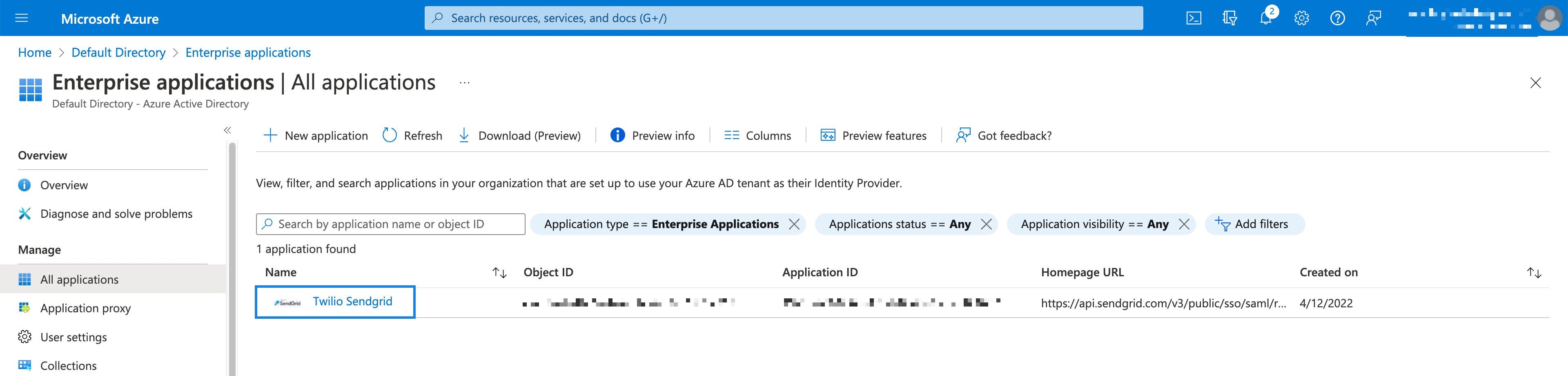 You Twilio SendGrid Azure AD app in a list of enterprise applications.