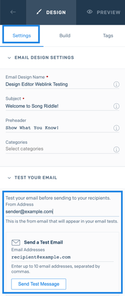 The Editor's Settings tab with example email addresses in the Test Your Email fields.