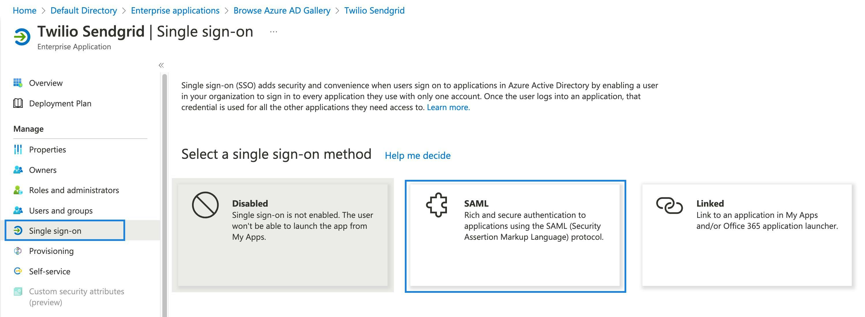 The SAML tile in your app's single sign-on setup panel.