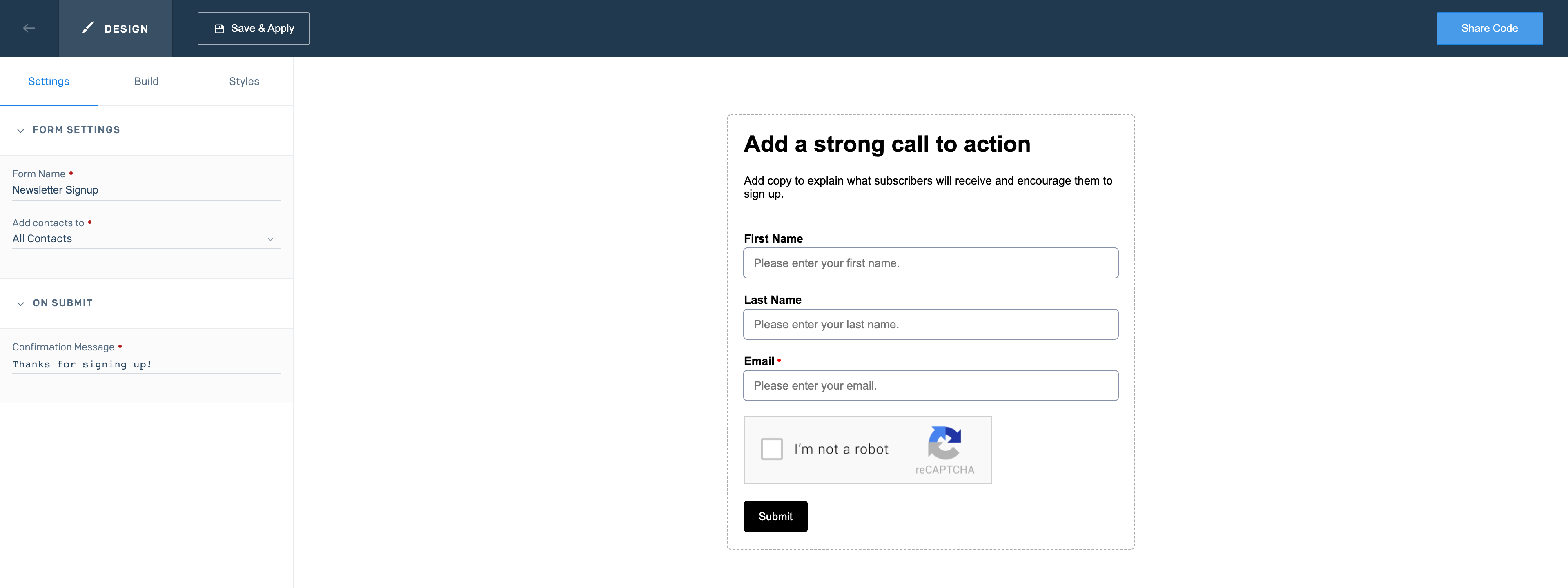 The Signup Forms page with the Settings tab open.