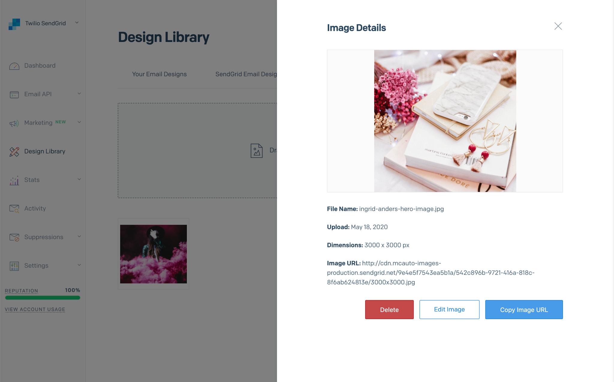 A sidebar modal showing an image's details and allowing you to delete the image, edit the image, or copy the image's URL.