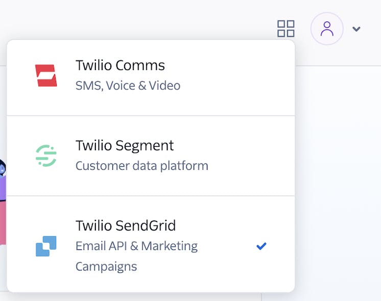 The product switcher in the Twilio Console showing Twilio Comms, SendGrid, and Segment.