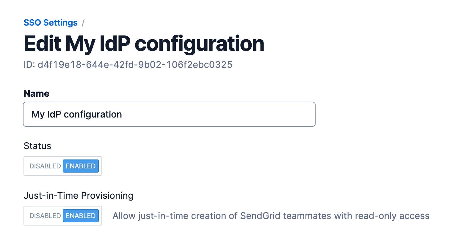 Edit a Twilio SendGrid IdP configuration.