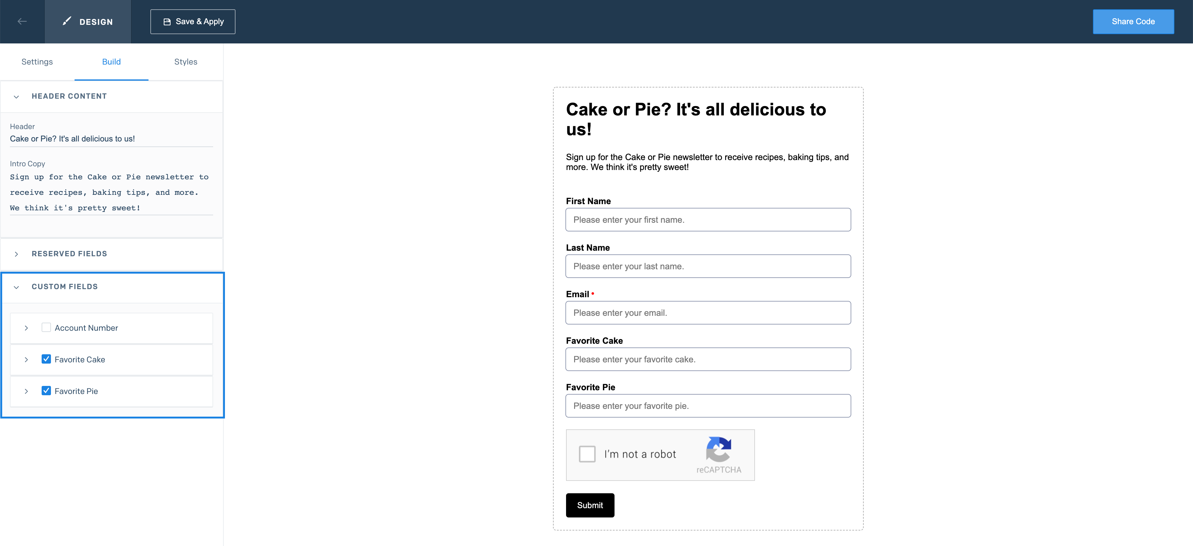 The Signup Forms page with the Build tab open. Two custom fields are selected and showing in the form preview.