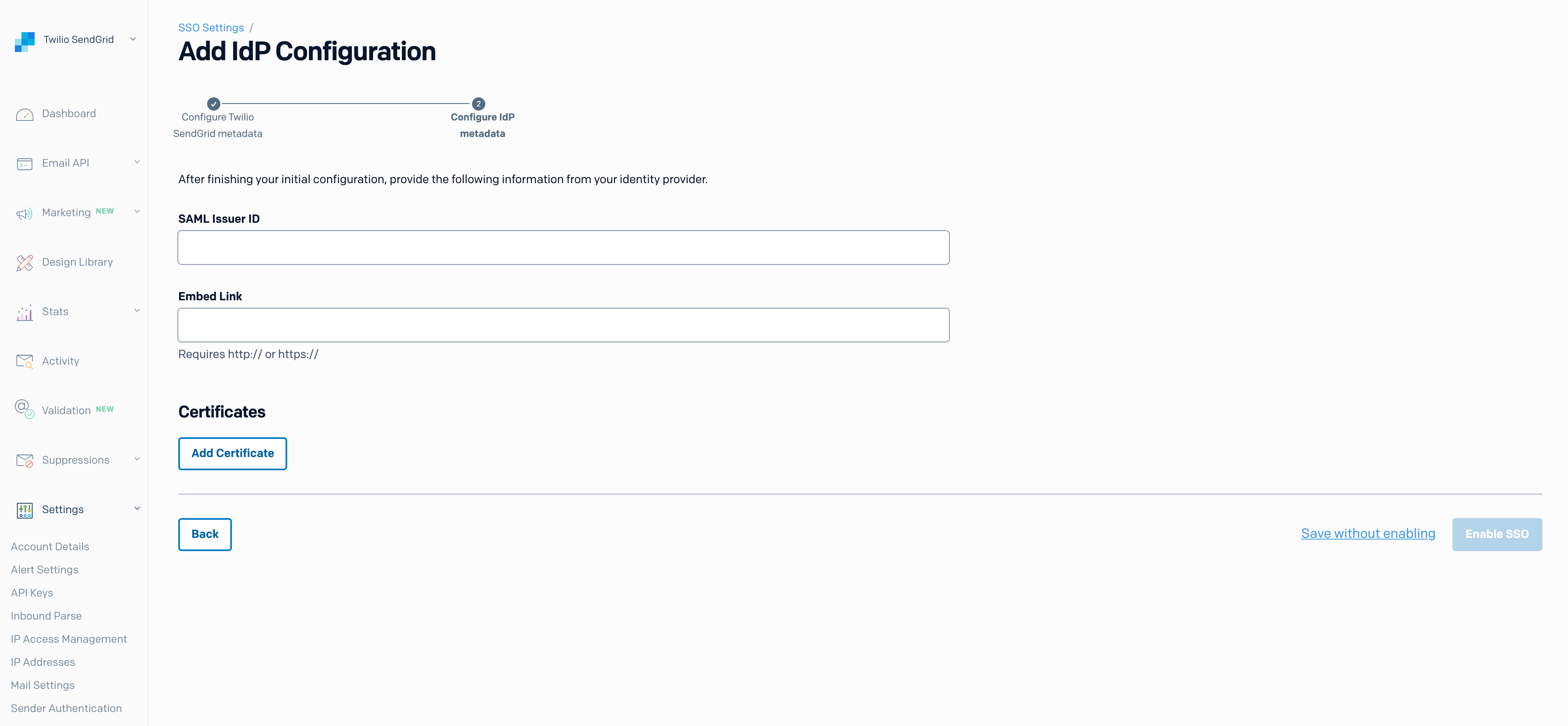 Add values from your IdP to the Twilio SendGrid configuration.