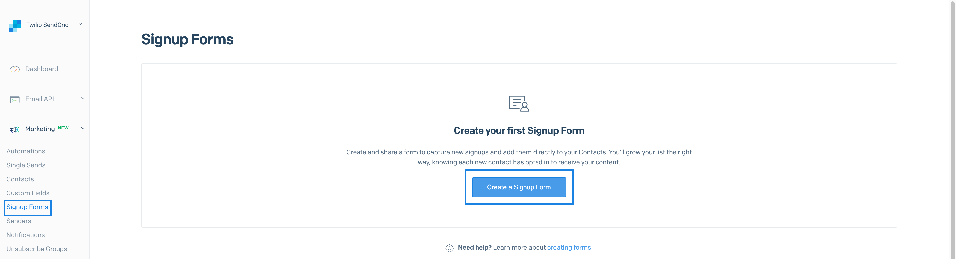 The Signup Forms page with a 'Create a Signup Form' button.