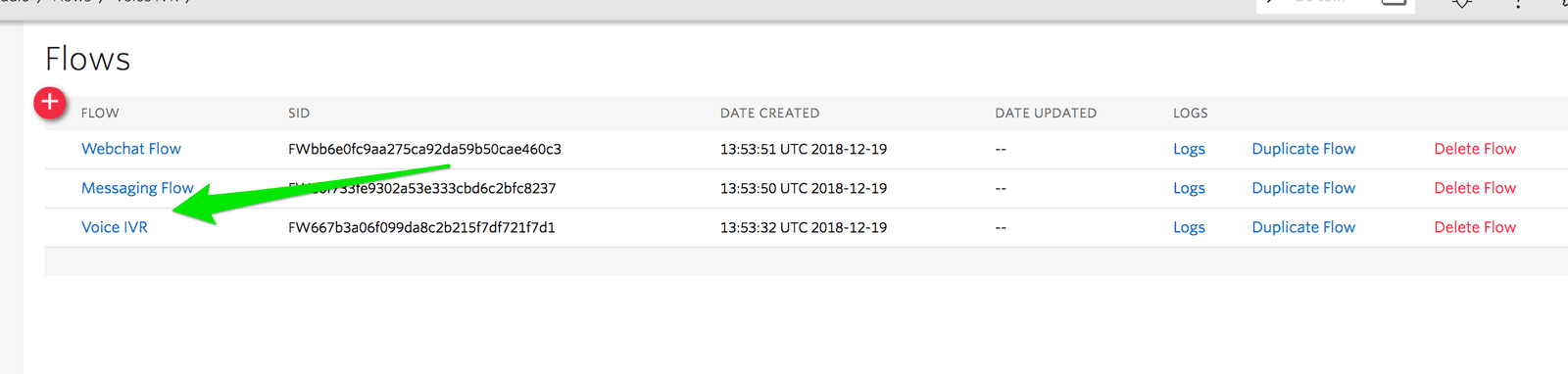 Voice IVR flow highlighted in list with options to duplicate or delete.