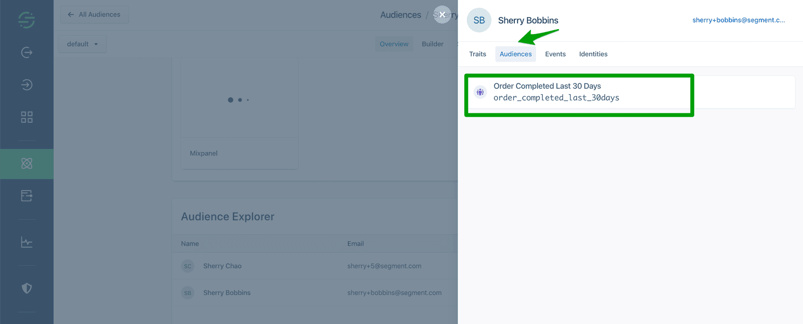 Audience tab showing 'Order Completed Last 30 Days' with identifier 'order_completed_last_30days'.