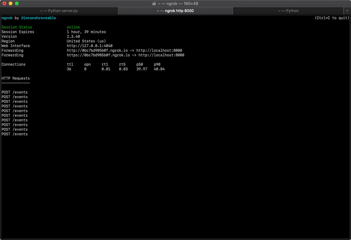 Super SIM Event Streams ngrok output.