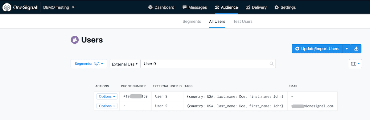 OneSignal Users page showing user list with options, phone numbers, and email addresses.