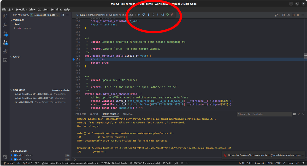 Microvisor Remote Debugging with VSCode: control the debug session.