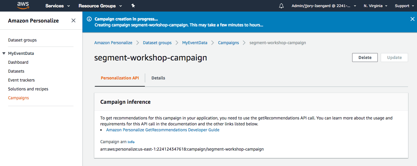 Amazon Personalize campaign creation in progress for segment-workshop-campaign.