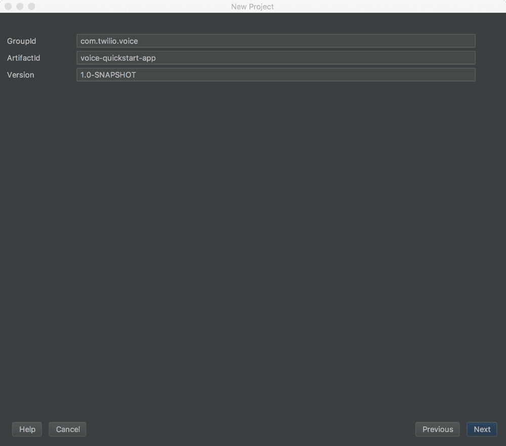 Voice Quickstart Project Naming with IntelliJ IDEA.