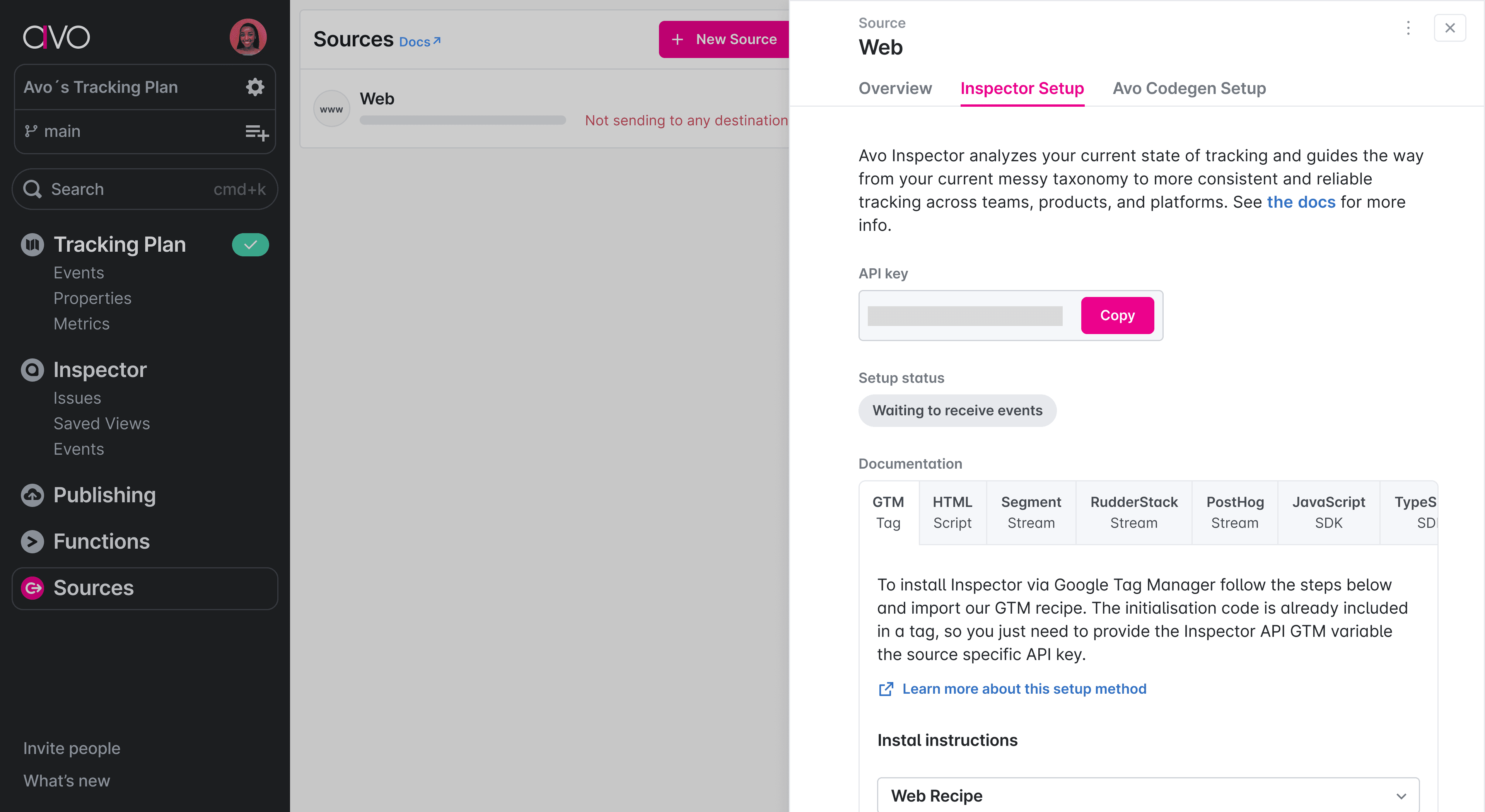 Avo Inspector setup screen with API key field and copy button.