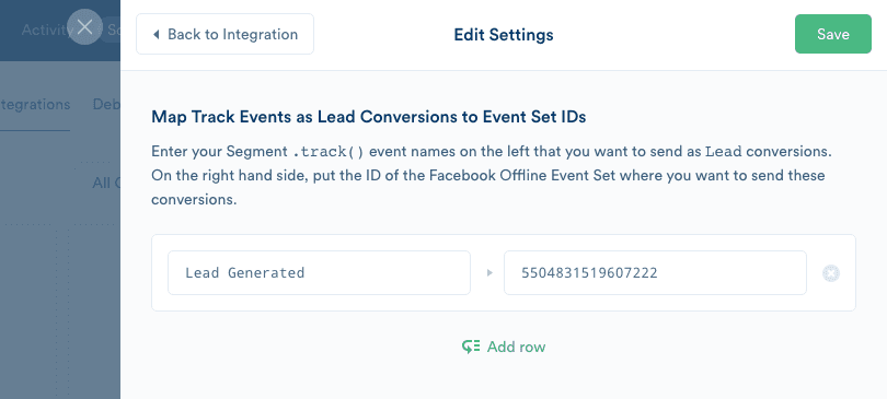 Settings tab for Facebook Offline Conversions, with a Lead Generated event mapped to a Facebook Offline Event Set.