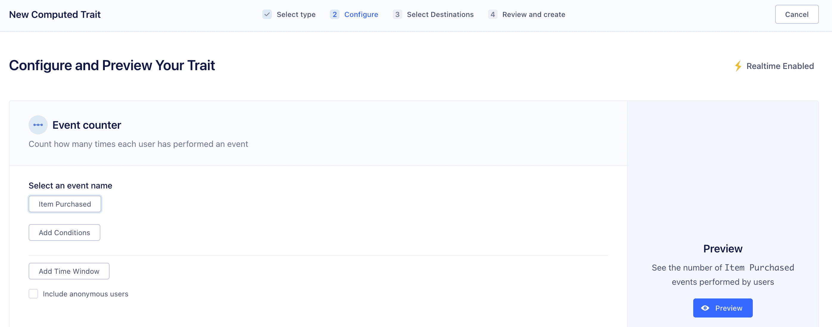 Configure and Preview Your Trait page with the 'Include anonymous users' box checked.