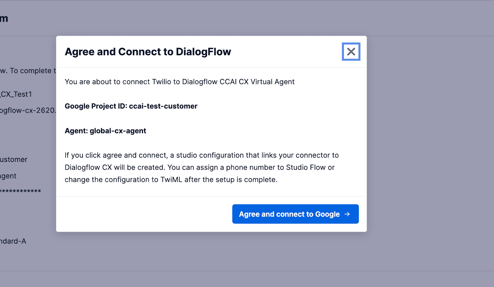 Dialogflow CX Connector consent dialogue.