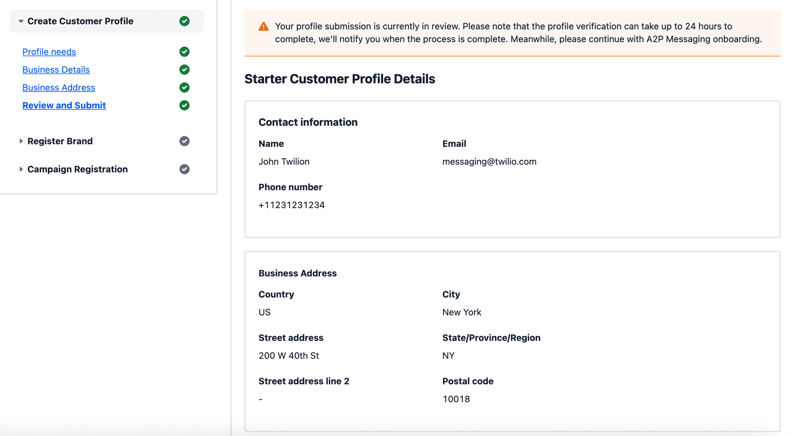 Profile submission under review with contact and business address details.