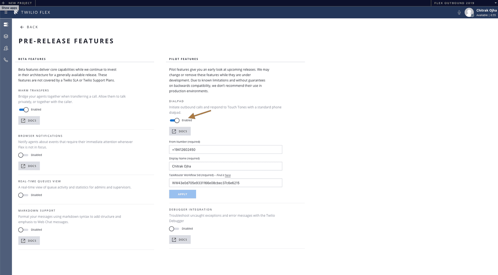 Arrow pointing to the toggle switch for enabling the dialpad under pilot features in Twilio Flex.