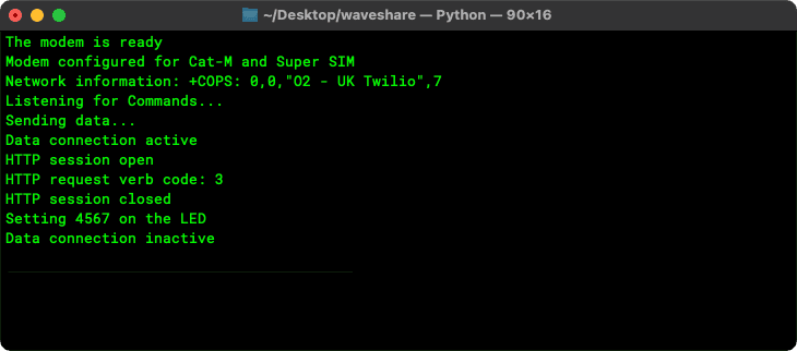 The POST request's progress in the terminal.