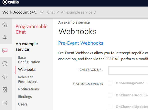 Webhooks configuration page with options for callback URL and events in a chat service.