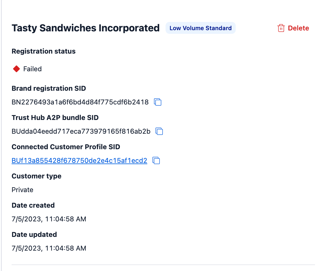 Tasty Sandwiches Incorporated brand details showing registration status as failed with delete option.