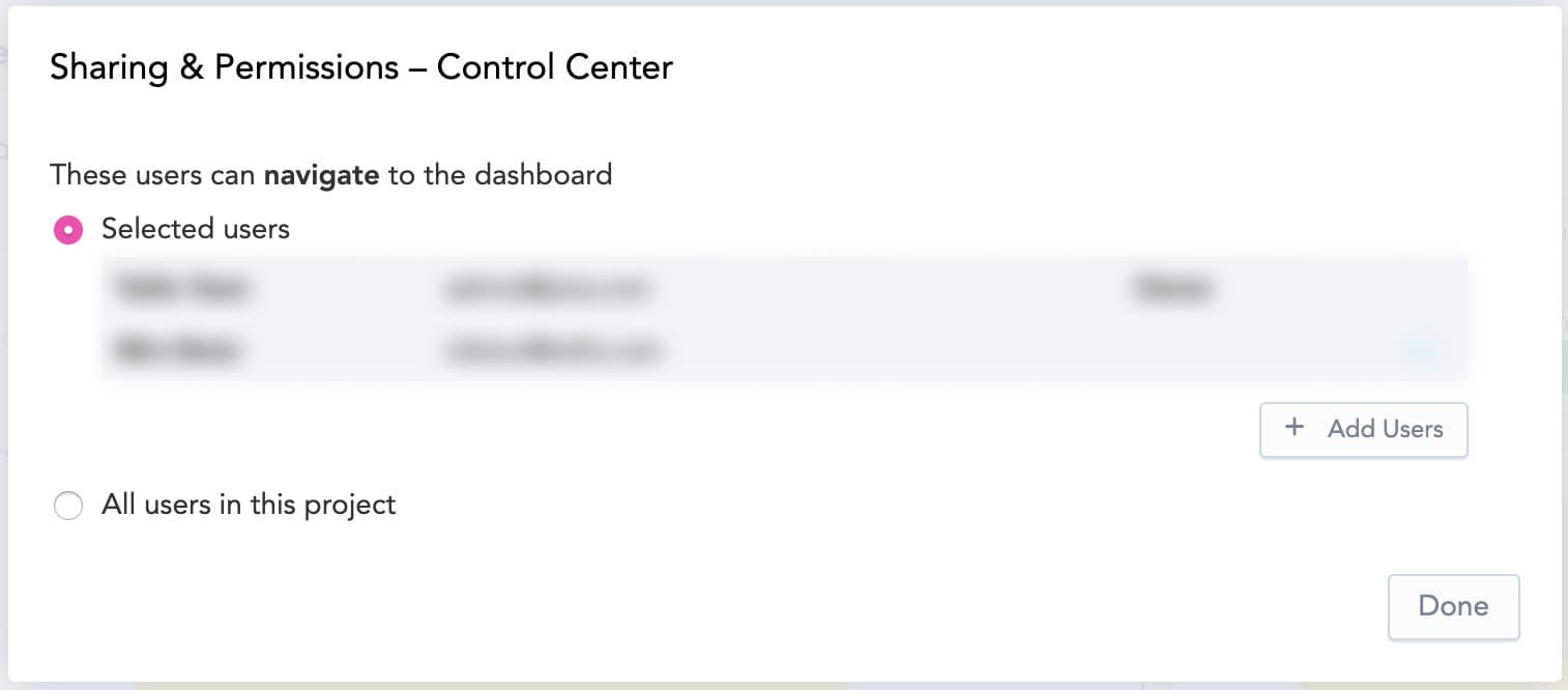 Control Center for sharing permissions with selected users option highlighted.