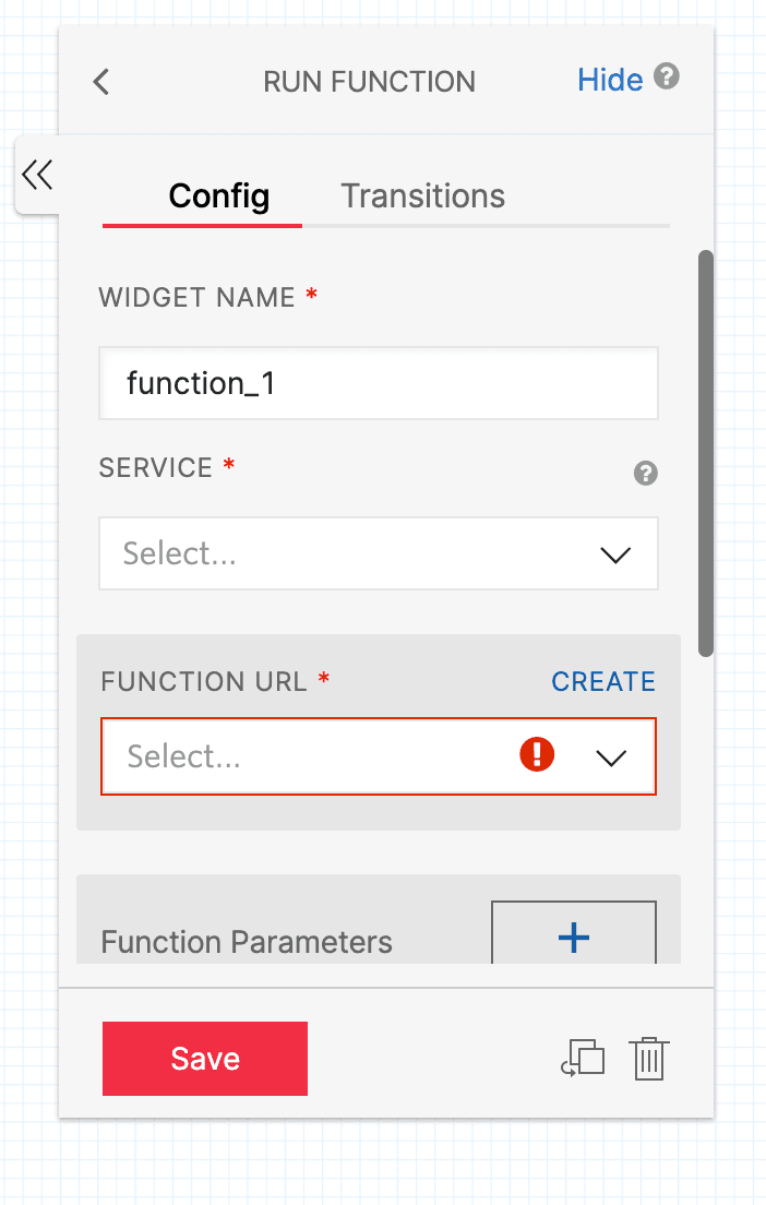 Run Function widget configuration panel.