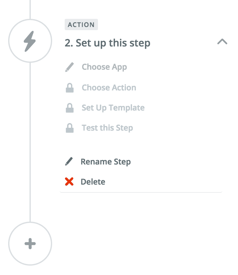 Zapier setup step with options to choose app, action, template, and test step.