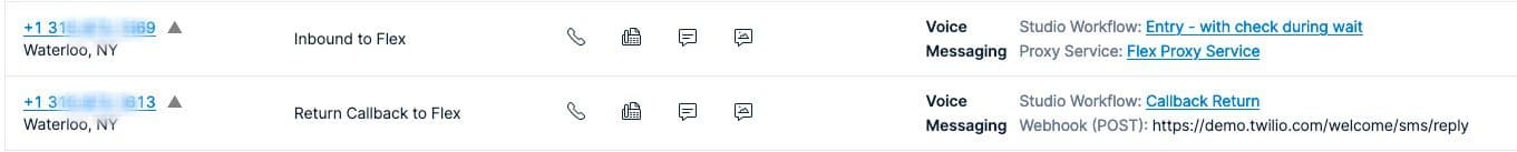 List of phone numbers with associated workflows and services for Flex integration.