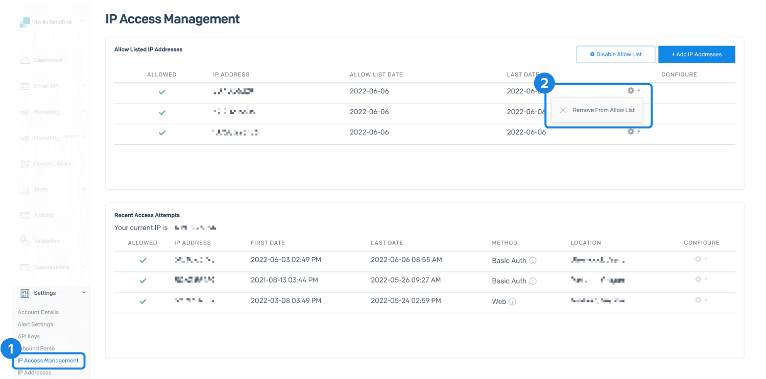 Remove a single address from your IP Access Management allow list.